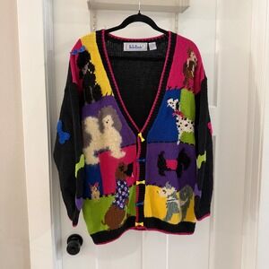 Vintage Belle Pointe Women's XL Dog‎ Puppy Patchwork Knit Cardigan Sweater